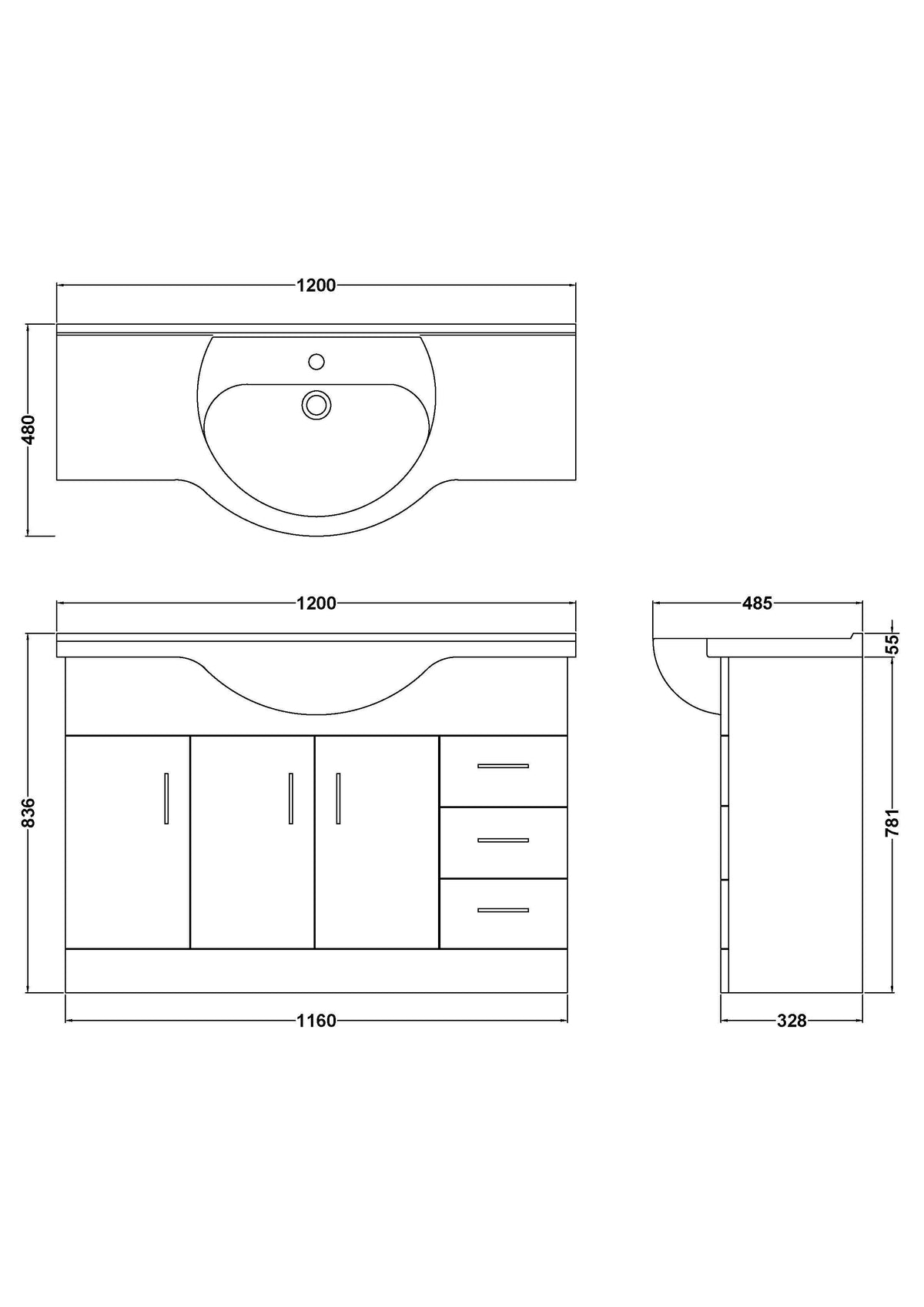 Nuie Mayford 1200mm 3 Door 3 Drawer Floor Standing Vanity Unit With Basin – Gloss White, photo 3