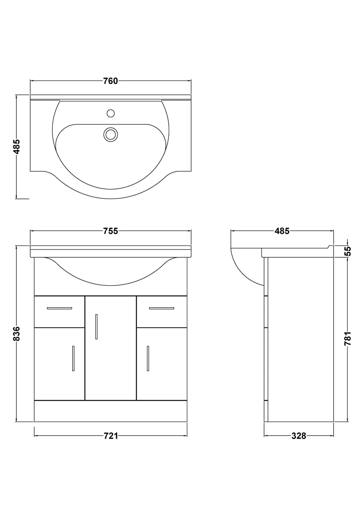 Nuie Mayford 3 Door 2 Drawer Floor Standing Vanity Unit With Basin – 750mm & 850mm, photo 3
