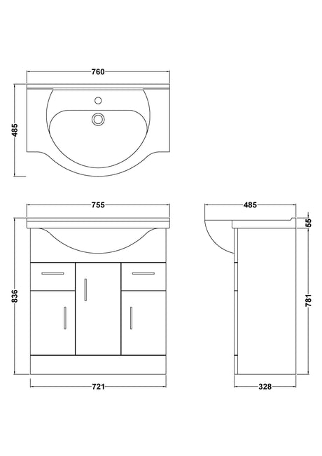 Nuie Mayford 3 Door 2 Drawer Floor Standing Vanity Unit With Basin – 750mm & 850mm, photo 3