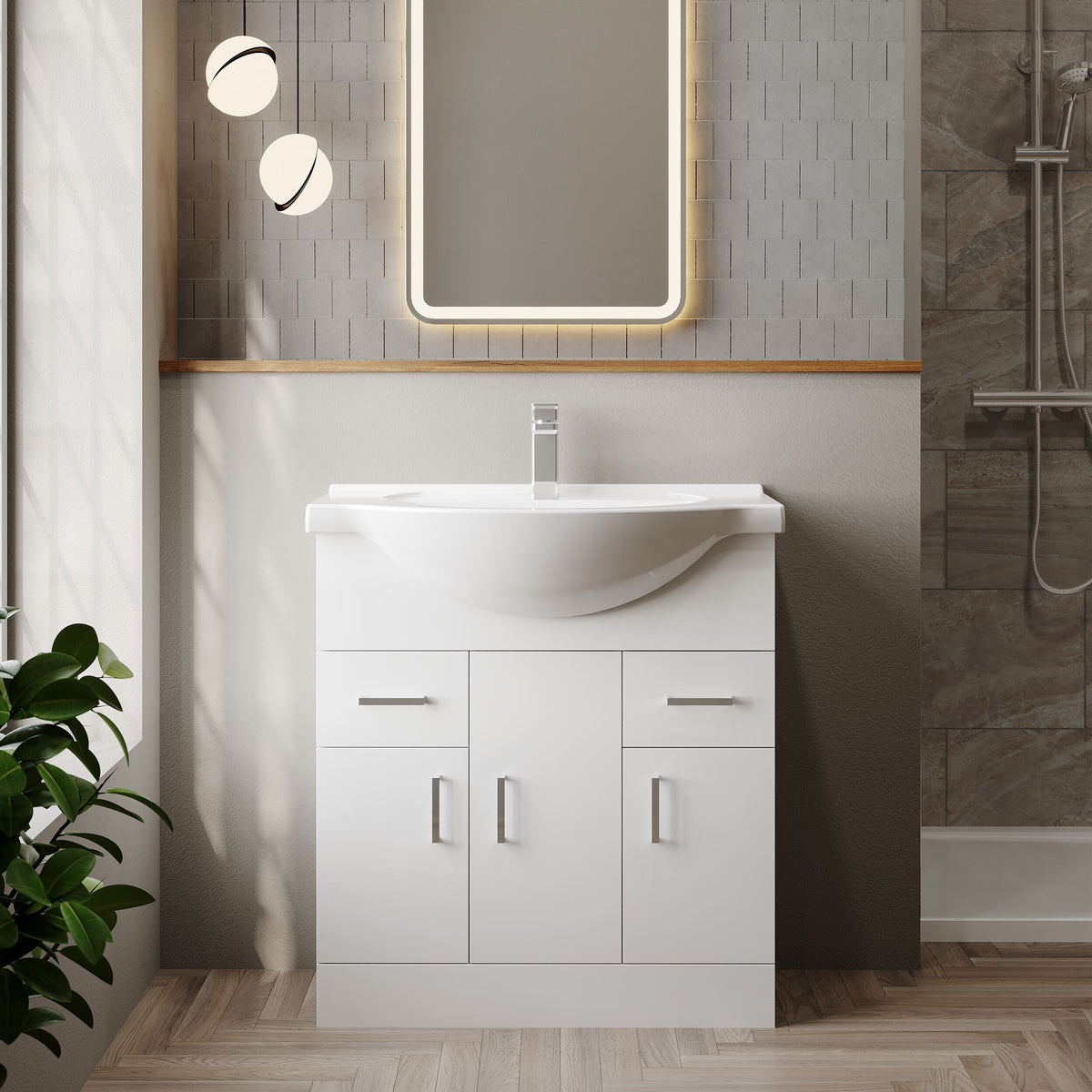 Nuie Mayford 3 Door 2 Drawer Floor Standing Vanity Unit With Basin – 750mm & 850mm