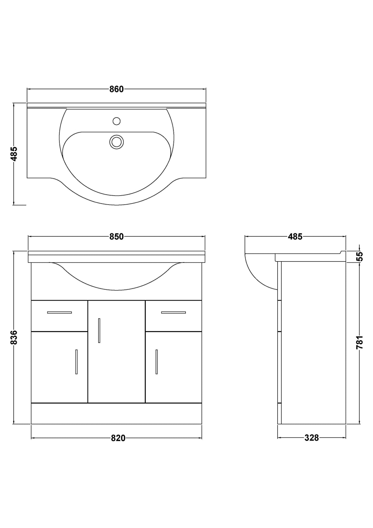 Nuie Mayford 3 Door 2 Drawer Floor Standing Vanity Unit With Basin – 750mm & 850mm, photo 4