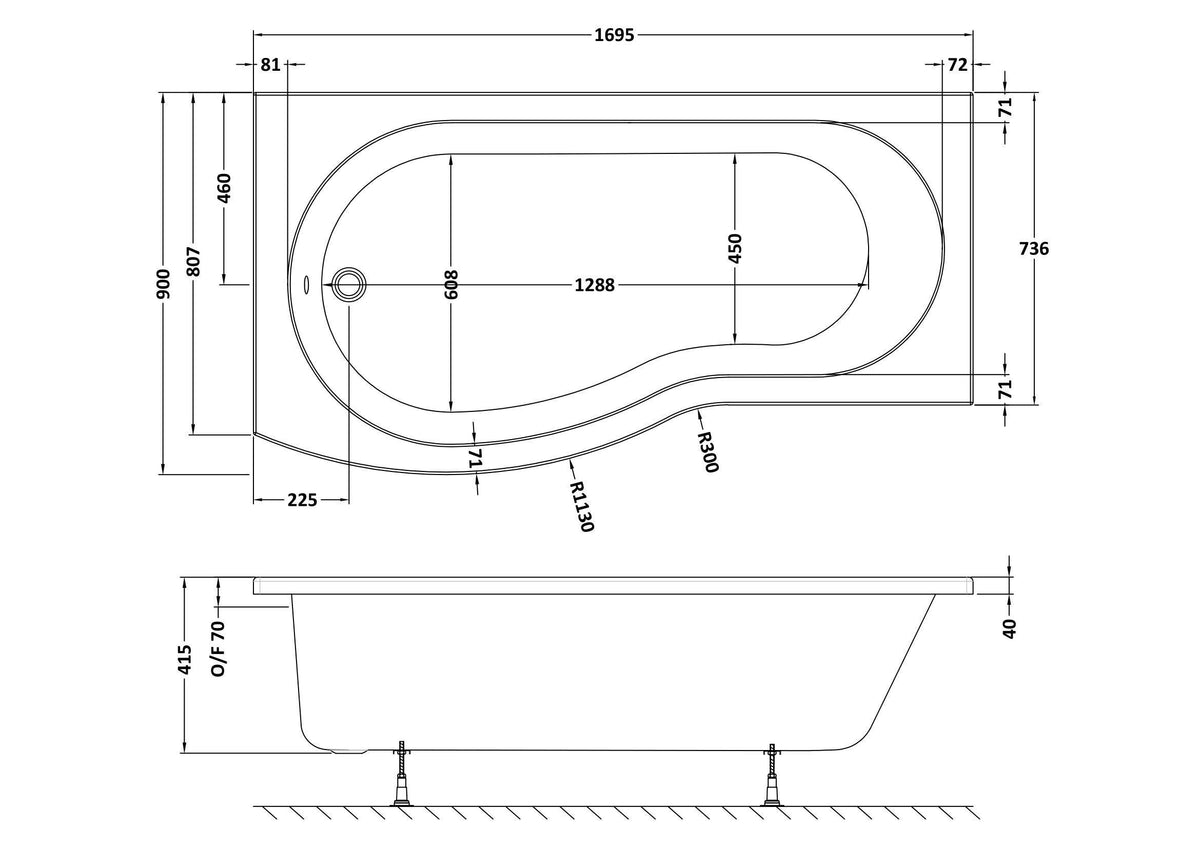 Nuie B Shaped Shower Bath With Legs – 1495mm & 1695mm, photo 5