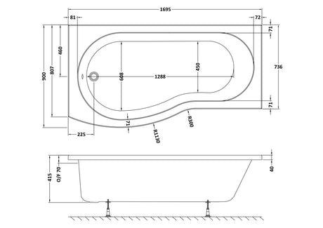 Nuie B Shaped Shower Bath With Legs – 1495mm & 1695mm, photo 5