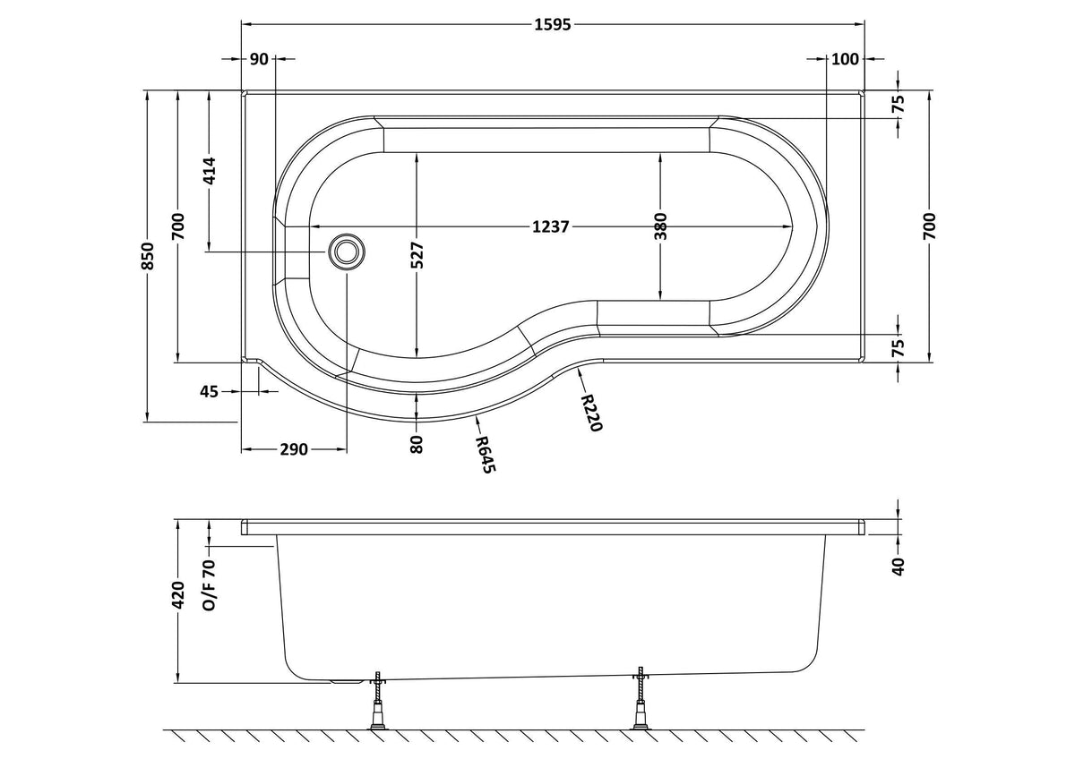 Nuie P Shaped Shower Bath With Legs – 1500mm, 1600mm & 1700mm, photo 5