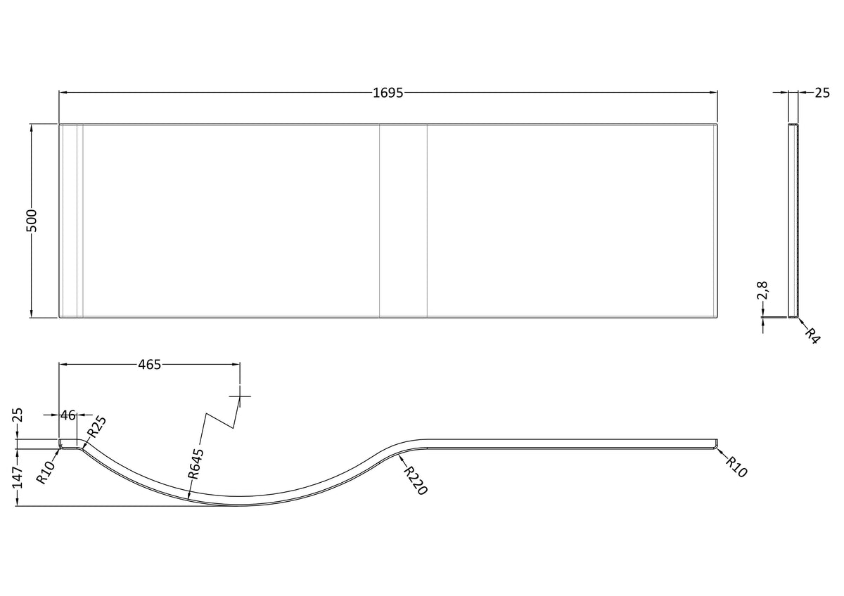 Nuie P-Shaped Acrylic Shower Bath Front Panel – 1500mm, 1600mm & 1700mm, photo 6