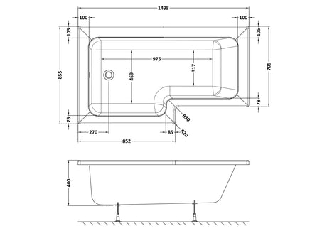 Nuie Square Shower Bath With Legs – 1500mm, 1600mm & 1700mm, photo 4