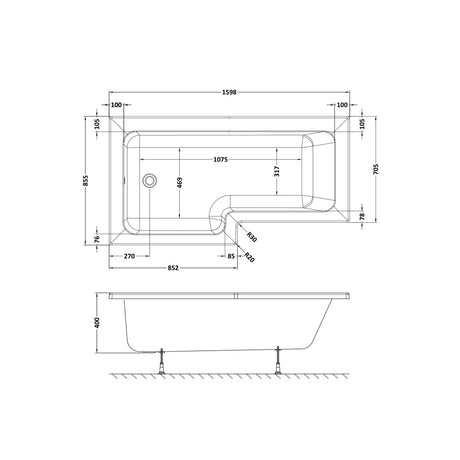 Nuie Square Shower Bath With Legs – 1500mm, 1600mm & 1700mm, photo 5