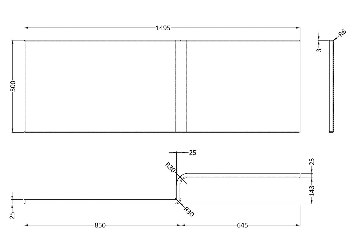 Nuie L-Shaped Acrylic Shower Bath Front Panel – 1500mm, 1600mm & 1700mm, photo 4
