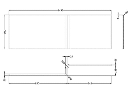 Nuie L-Shaped Acrylic Shower Bath Front Panel – 1500mm, 1600mm & 1700mm, photo 4