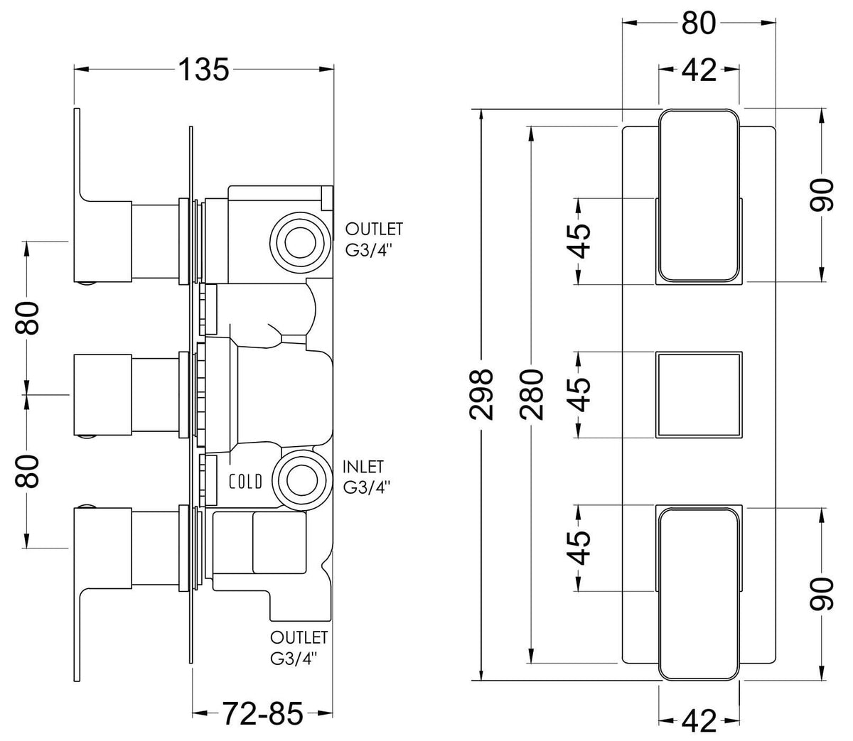 Nuie Windon Triple Thermostatic Shower Valve With Diverter, photo 6