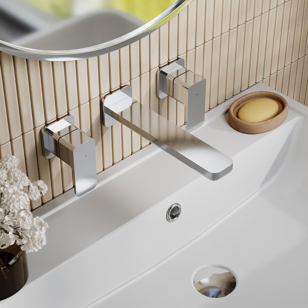 Nuie Windon 3 Tap Hole Wall Mounted Basin Mixer – Chrome, photo 4
