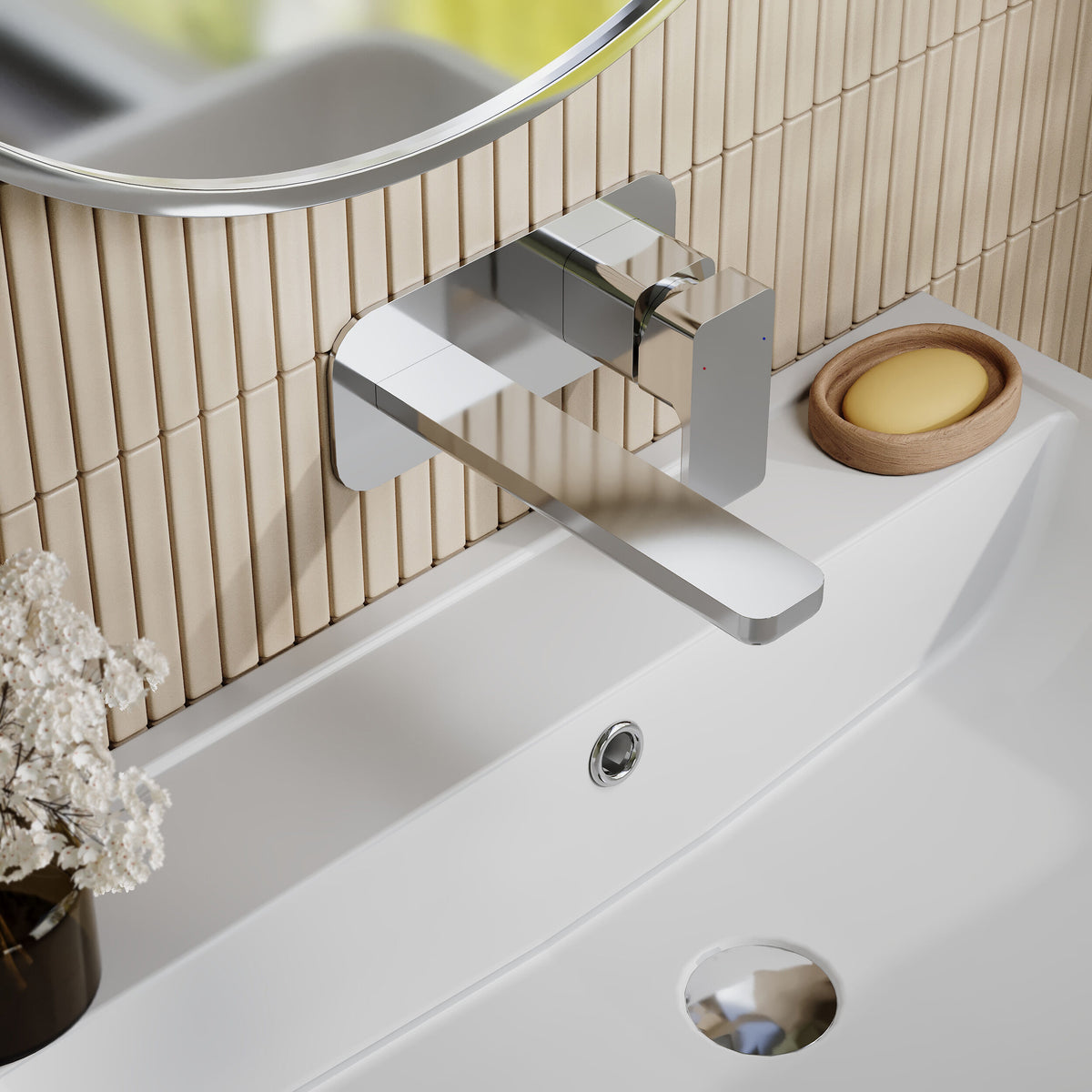 Nuie Windon 2 Tap Hole Wall Mounted Basin Mixer With Plate – Chrome, photo 4