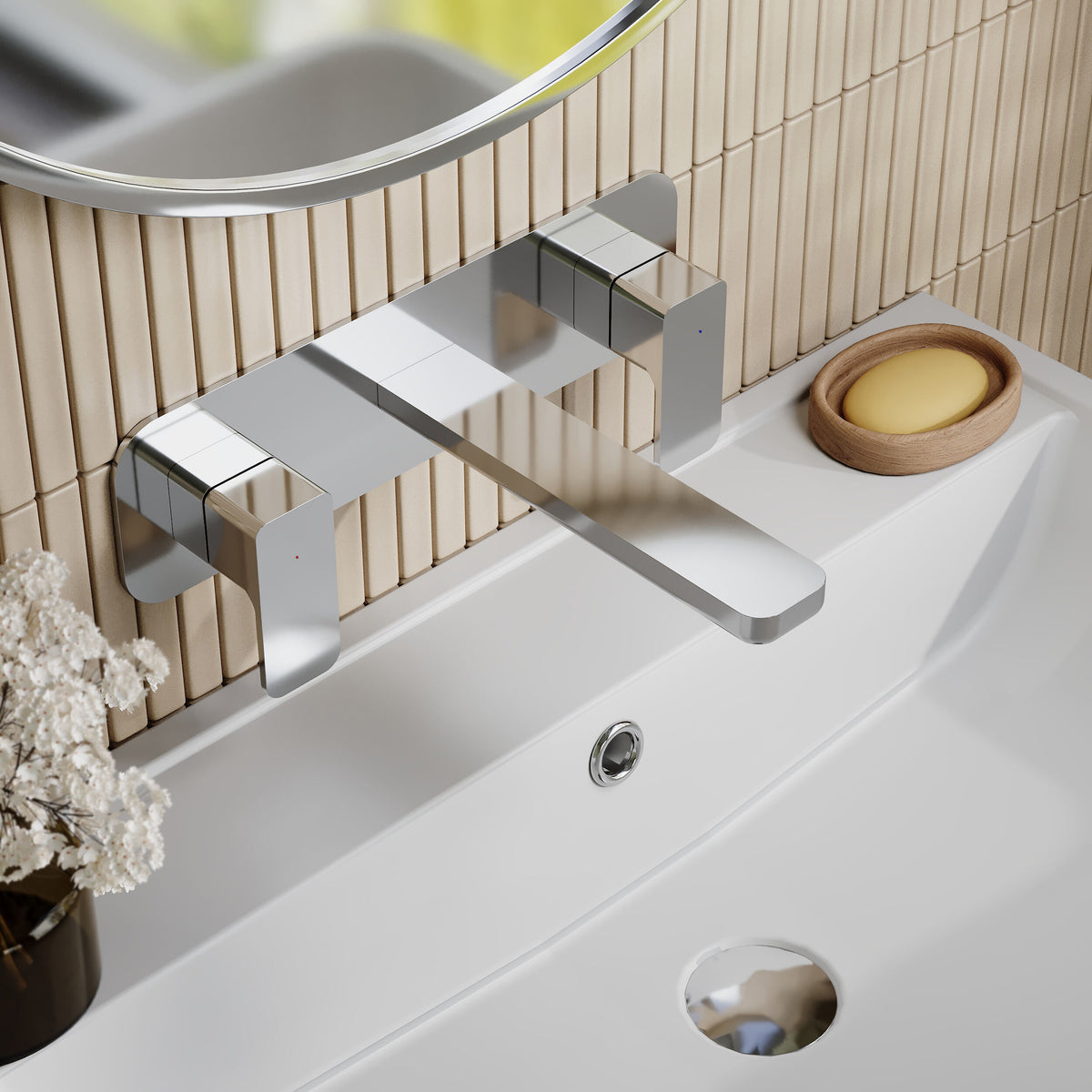 Nuie Windon 3 Tap Hole Wall Mounted Basin Mixer With Plate – Chrome, photo 4