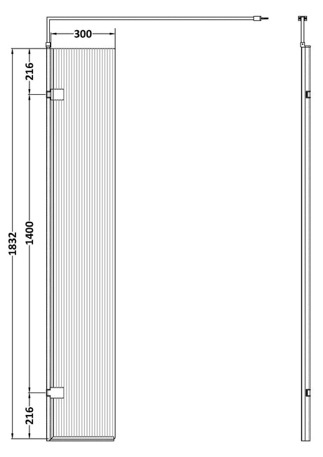 Nuie 320mm Frameless Fluted Hinged Wetroom Screen With Support Bar – Brushed Brass or Matt Black, photo 3