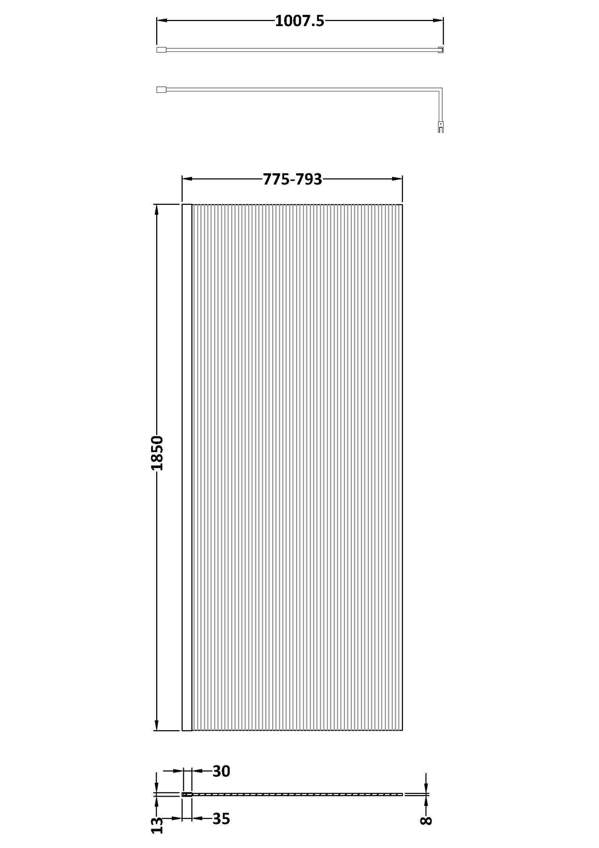 Nuie Fluted Wetroom Screen With Support Bar – 800mm, 900mm & 1000mm, photo 2