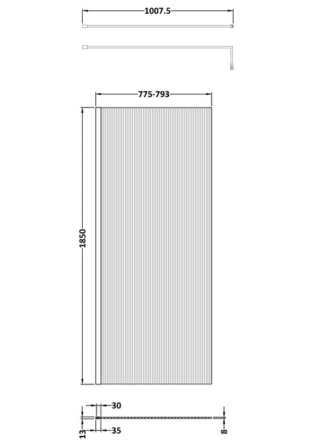 Nuie Semi-Frameless Fluted Wetroom Screen With Support Bar – 800mm, 900mm & 1000mm, photo 6