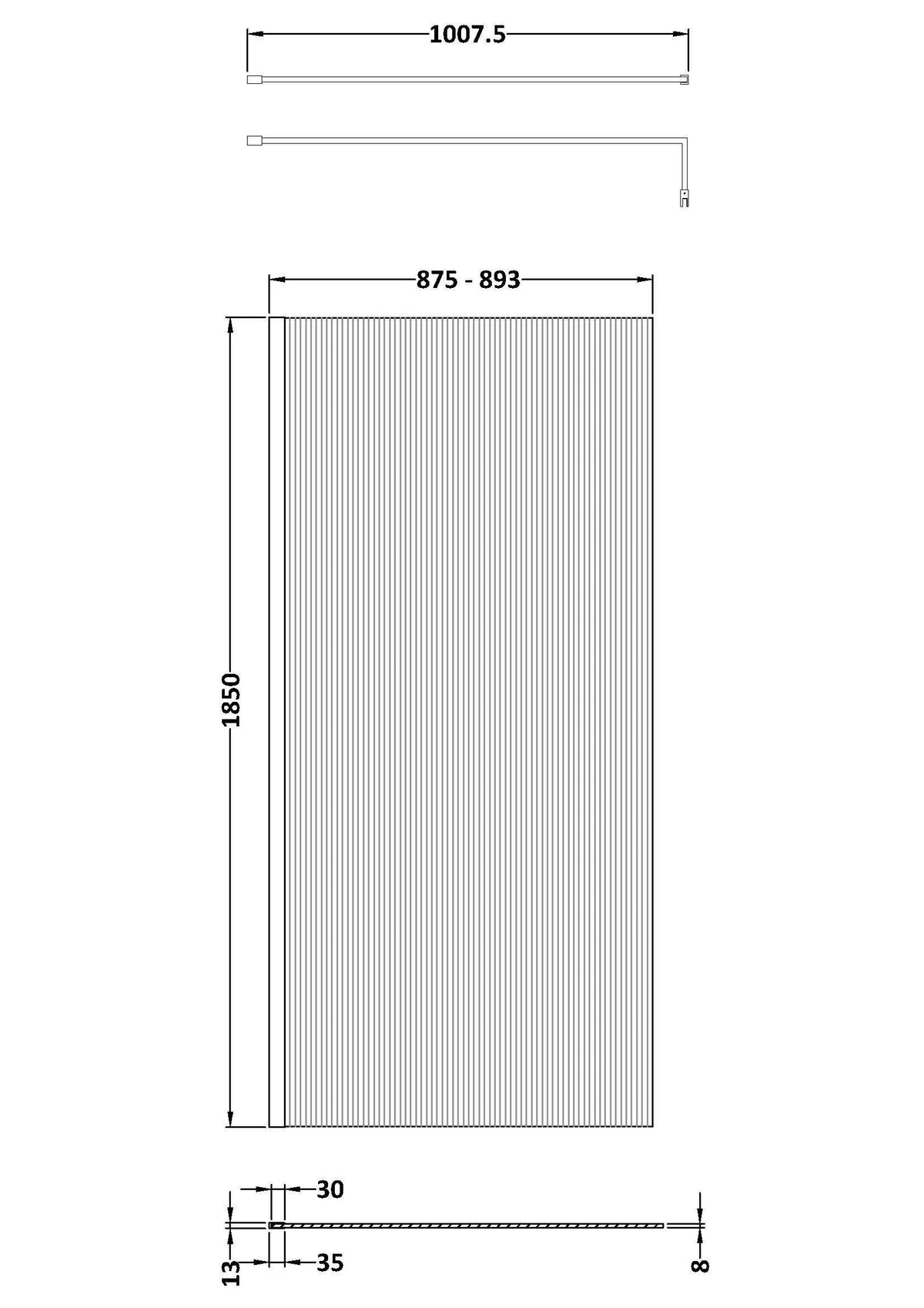 Nuie Semi-Frameless Fluted Wetroom Screen – 850mm, 900mm, 950mm, 1000mm & 1050mm, photo 5