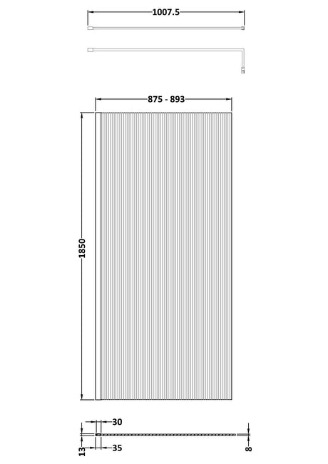 Nuie Fluted Wetroom Screen With Support Bar – 800mm, 900mm & 1000mm, photo 3