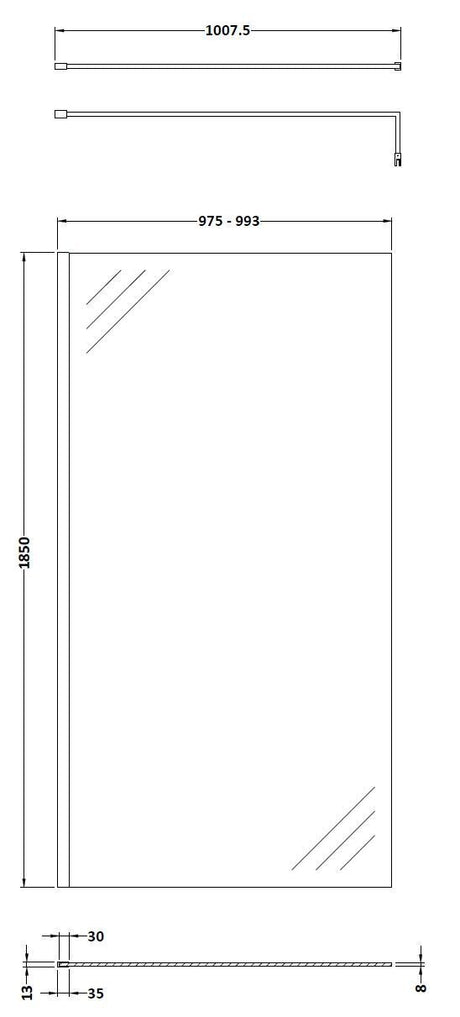 Nuie Semi-Frameless Wetroom Screen With Support Bar – 1850mm High – 700mm, 760mm, 800mm, 900mm, 1000mm, 1100mm, 1200mm & 1400mm, photo 7