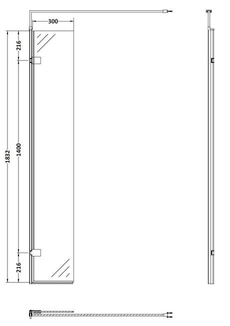 Nuie Semi-Frameless Wetroom Screen With Support Bar – 1850mm High – 320mm, 700mm, 760mm, 800mm, 900mm, 1000mm, 1100mm, 1200mm & 1400mm, photo 3