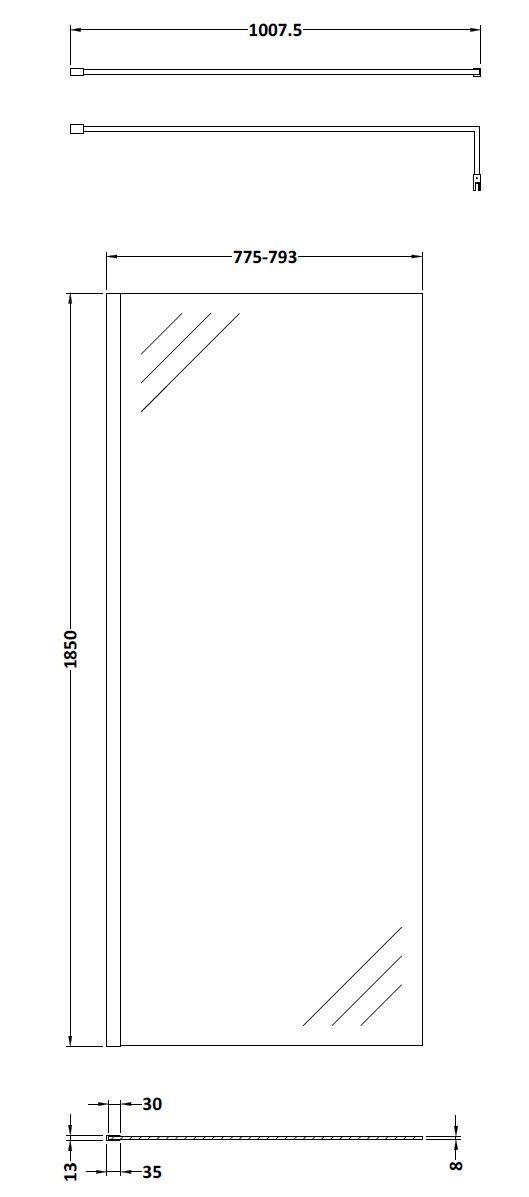 Nuie Semi-Frameless Wetroom Screen With Support Bar – 1850mm High – 700mm, 760mm, 800mm, 900mm, 1000mm, 1100mm, 1200mm & 1400mm, photo 5