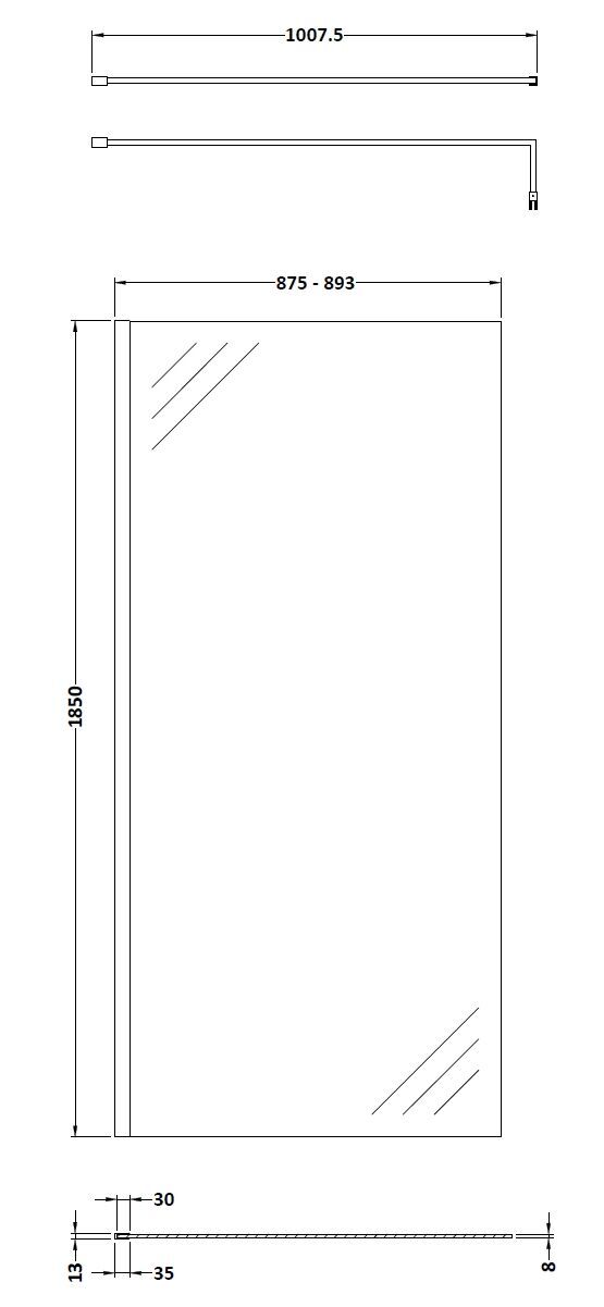 Nuie Semi-Frameless Wetroom Screen With Support Bar – 1850mm High – 700mm, 760mm, 800mm, 900mm, 1000mm, 1100mm, 1200mm & 1400mm, photo 6