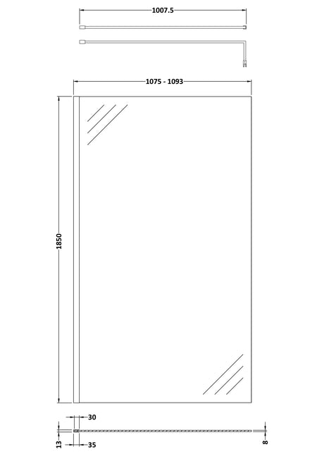 Nuie Semi-Frameless Wetroom Screen With Support Bar – 1850mm High – 700mm, 760mm, 800mm, 900mm, 1000mm, 1100mm, 1200mm & 1400mm, photo 8