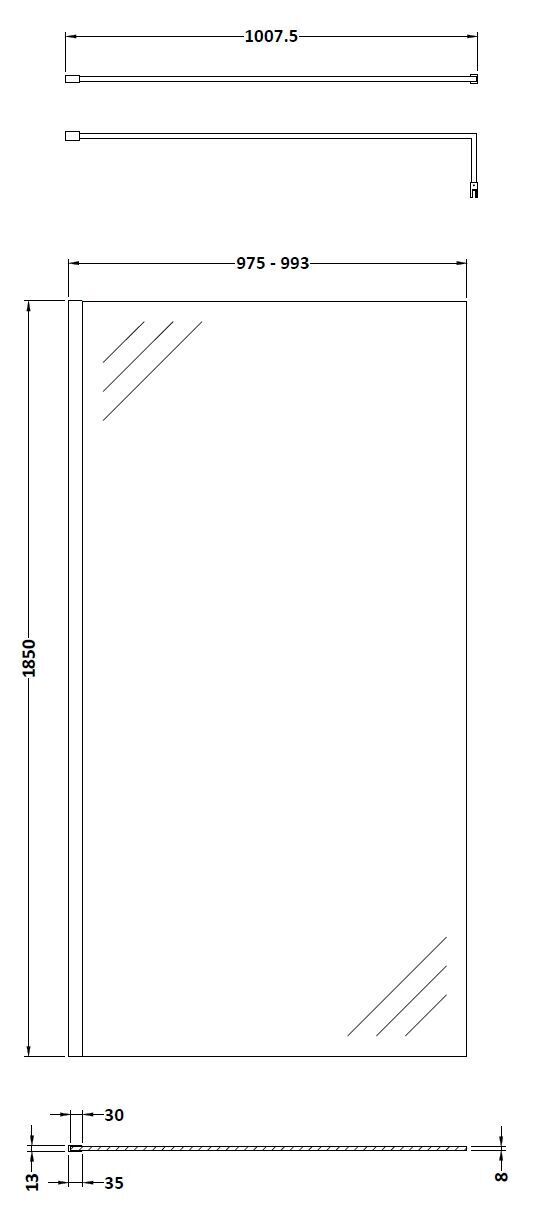 Nuie Semi-Frameless Wetroom Screen With Support Bar – 1850mm High – 700mm, 760mm, 800mm, 900mm, 1000mm, 1100mm, 1200mm & 1400mm, photo 6