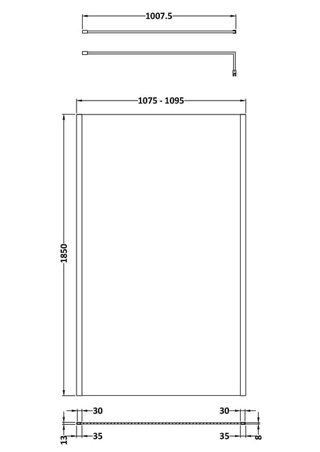 Nuie Semi-Frameless Wetroom Screen With Support Bar – 1850mm High – 700mm, 760mm, 800mm, 900mm, 1000mm, 1100mm, 1200mm & 1400mm, photo 8