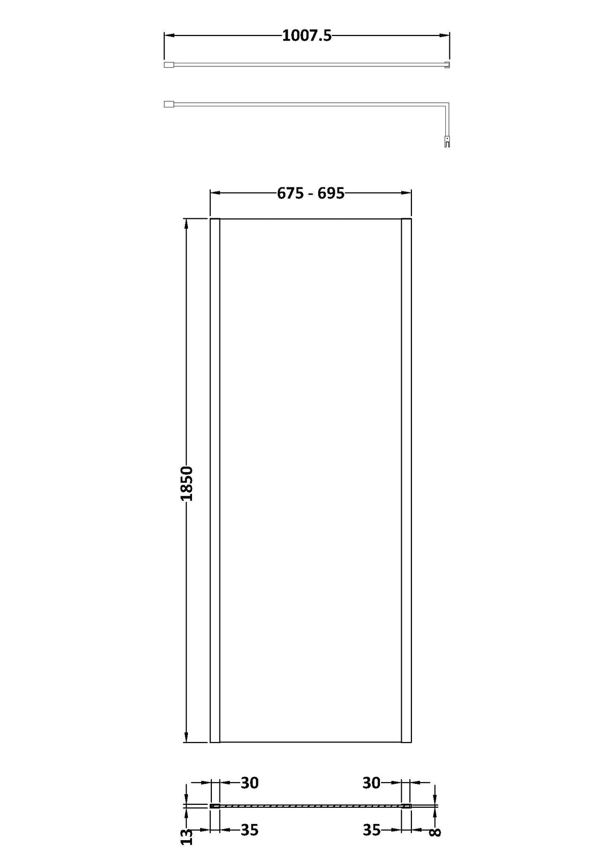 Nuie Semi-Frameless Wetroom Screen With Support Bar – 1850mm High – 700mm, 760mm, 800mm, 900mm, 1000mm, 1100mm, 1200mm & 1400mm, photo 3