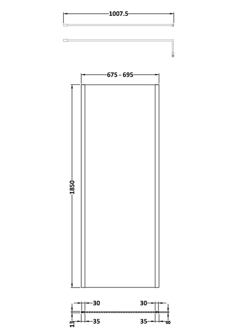 Nuie Semi-Frameless Wetroom Screen With Support Bar – 1850mm High – 700mm, 760mm, 800mm, 900mm, 1000mm, 1100mm, 1200mm & 1400mm, photo 3