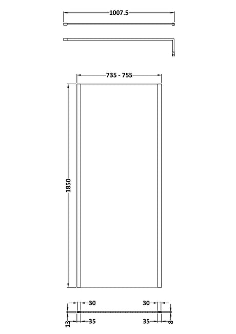 Nuie Semi-Frameless Wetroom Screen With Support Bar – 1850mm High – 700mm, 760mm, 800mm, 900mm, 1000mm, 1100mm, 1200mm & 1400mm, photo 4
