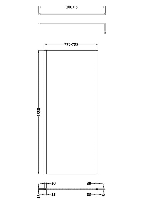 Nuie Semi-Frameless Wetroom Screen With Support Bar – 1850mm High – 700mm, 760mm, 800mm, 900mm, 1000mm, 1100mm, 1200mm & 1400mm, photo 5