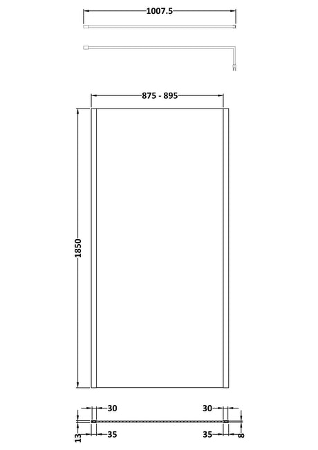 Nuie Semi-Frameless Wetroom Screen With Support Bar – 1850mm High – 700mm, 760mm, 800mm, 900mm, 1000mm, 1100mm, 1200mm & 1400mm, photo 6