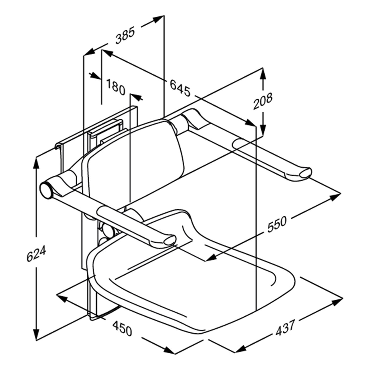 Pressalit PLUS shower seat 450 with back & armrests, 195 mm manual – dimension drawing (mm)