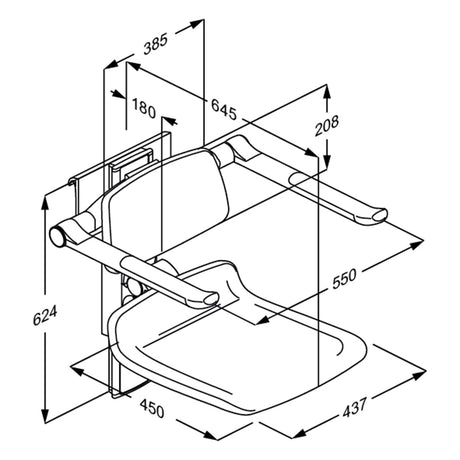 Pressalit PLUS shower seat 450 with back & armrests, 195 mm manual – dimension drawing (mm)