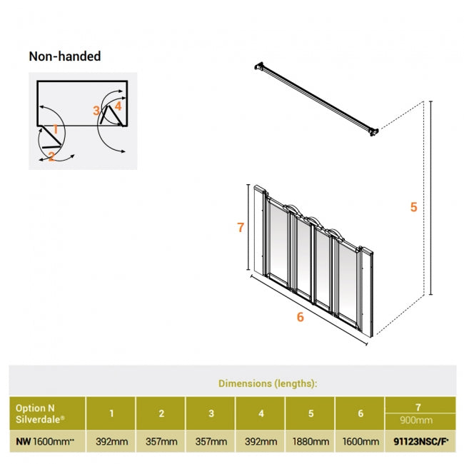 AKW Silverdale Option NW Shower Screens 1600mm Wide x 900mm High - Frosted (91123NSF)