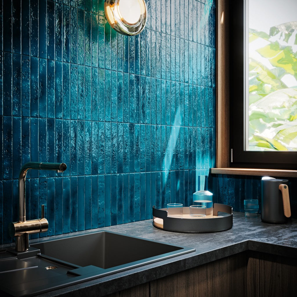 Avalon sapphire blue crackle gloss finger tiles laid on a wall