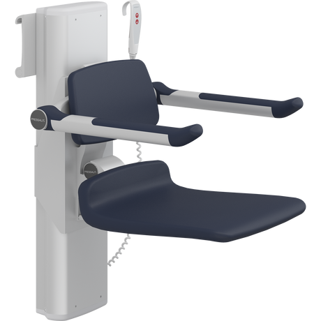 Pressalit PLUS shower seat – 450 mm Electric – Back & Armrests, Standard Seat, Dark Blue