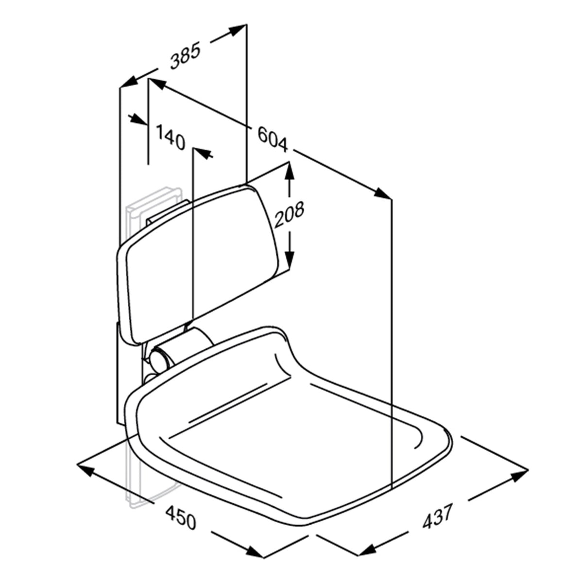 Pressalit PLUS replacement shower seat 450 with backrest – dimension drawing (mm)