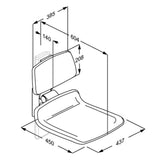 Pressalit PLUS replacement shower seat 450 with backrest – dimension drawing (mm)