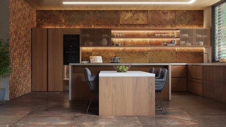 Biloxi rust metal effect textured porcelain tile 500x1000mm laid in a room