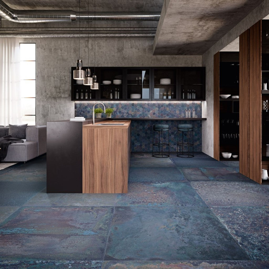 Biloxi sapphire metal effect textured porcelain tile 1000x1000mm laid in a room