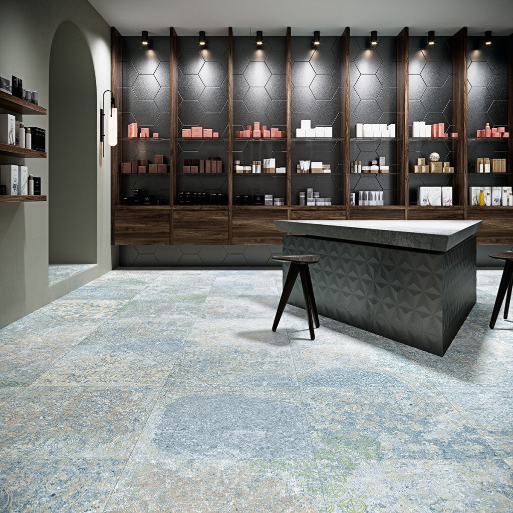 Boothbay blue vintage pattern matt porcelain tile 500x1000mm laid in a room