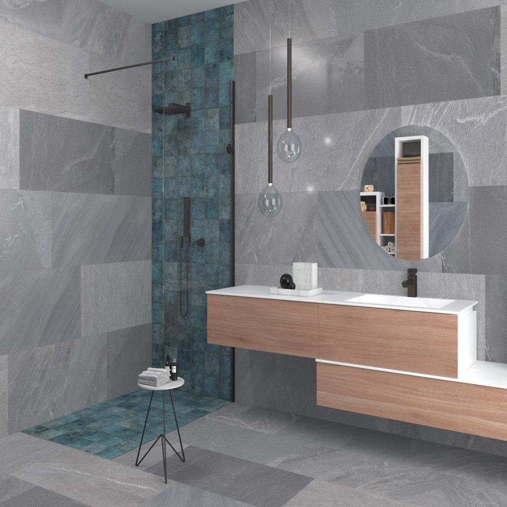 Branford dark grey stone effect satin porcelain wall and floor tile 450x900mm