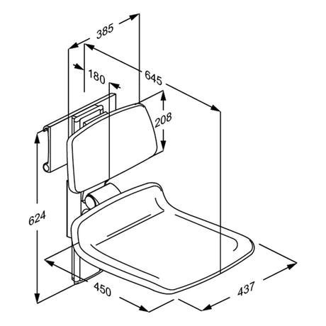 Pressalit PLUS shower seat 450 with backrest, 380 mm manual – dimension drawing (mm)