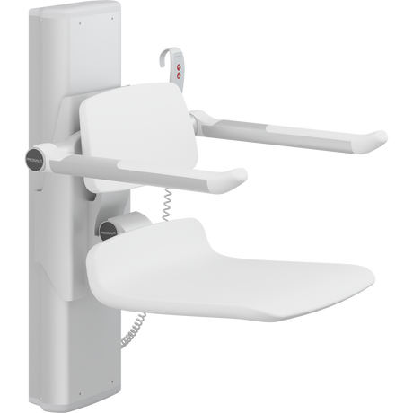 Pressalit PLUS shower seat – 450 mm Electric – Back & Armrests, Standard Seat, White