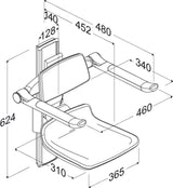 Pressalit PLUS shower seat 310, 250 mm manual – dimension drawing (mm)