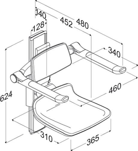 Pressalit PLUS shower seat 310, 250 mm manual – dimension drawing (mm)