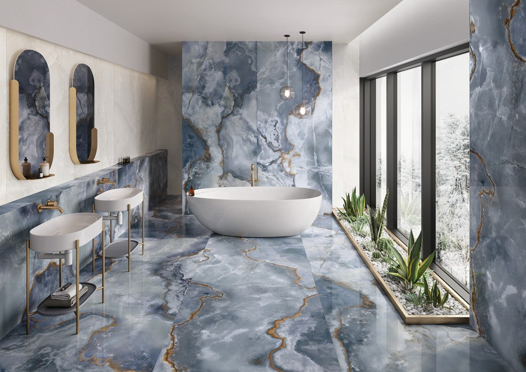 Cape May Blue Onyx Effect Polished Porcelain Wall & Floor Tile 600x1200mm, view 2